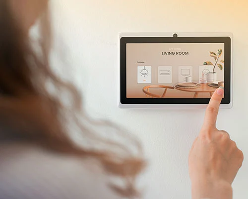 smart home innovation technology with woman using control pane1l